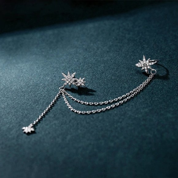 *925 Sterling Silver Diamond Star Chain Earrings - Picture 5 of 8